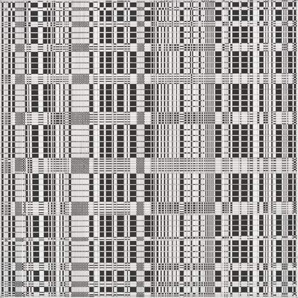 Dense black-and-white geometric grid of fine crossing lines and small dark rectangles, shifting in density like woven cloth or flickering television static