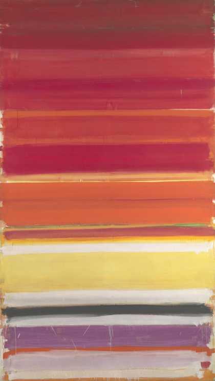 Broad horizontal bands of scarlet and crimson fill the upper half, over stripes of orange, yellow, chalky white, a dark charcoal band and violet, with brushy uneven edges