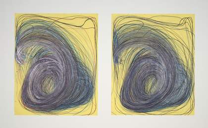 Two matching sheets of yellow paper side by side, each filled with a dense whirling vortex of scribbled lines in purple, blue and black spiralling into a tight ring
