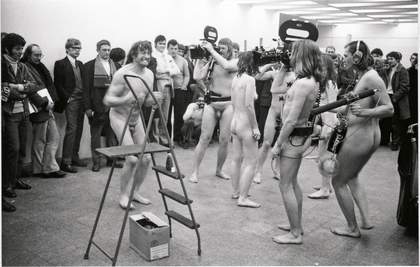 Balthasar Burkhard Otto Muehl Herbert Stumpfl Romilla Doll and Mica Most performing the Manopsychotic Ballet action at the Kolnischer Kunstverein 1970 two