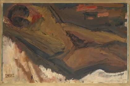 A painting with an abstracted figure lying across the centre of the canvas. The figure is painted roughly and thickly in dark browns and yellows. There is a lighter area beneath the figure and a darker one above.