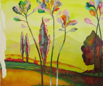 A landscape of a sunset with a tree