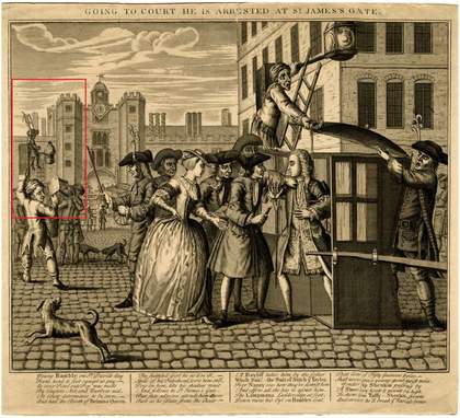 Illustration highlighting a detail of a figure holding up an effigy - a small figure held in the air on a stick