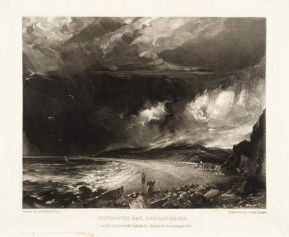 A black and white print of a stormy beach scene, with rocks and small figures in the foreground and dark rain clouds in the background.