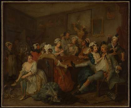 Dark painting, figures around a table, a party, some drinking, some embracing