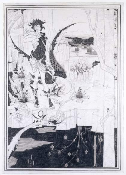 Black and white drawing depicting a dragon and a youth set within a fantastic forest landscape.