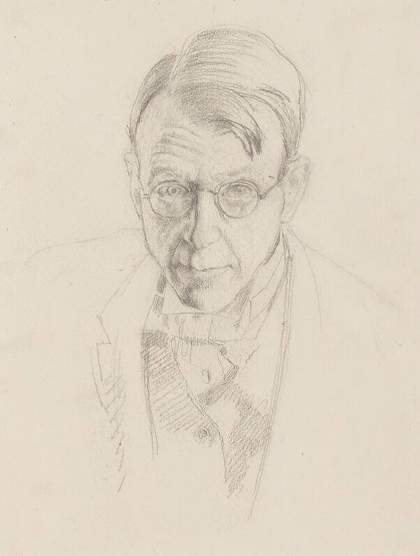 A faint, detailed pencil drawing on paper of a man wearing glasses and looking at the viewer. Areas of light shading express some major contours of the face, but the work mostly consists of thin lines.