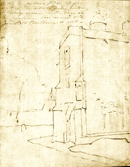 The outline of a church facade seen from the side.