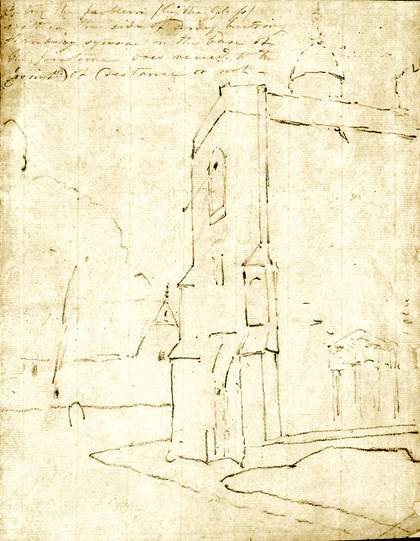 The outline of a church facade seen from the side.