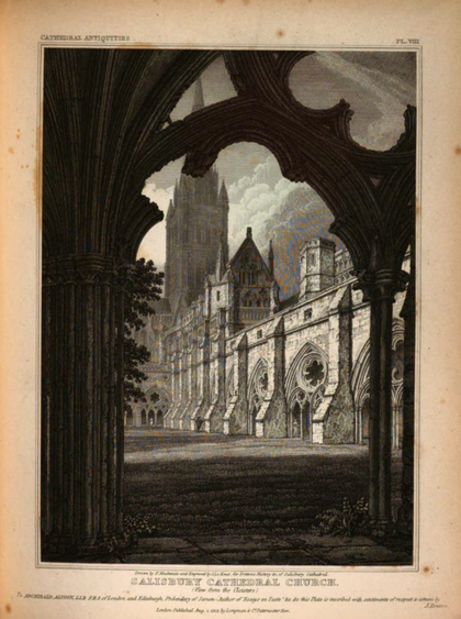 A black and white print showing the side of a cathedral and its spire framed by an ornate archway and foliage.