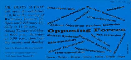 Invitation to the private view of the exhibition Opposing Forces, Institute of Contemporary Arts, London, 1953. The invitation was designed by the artist Tony del Renzio.