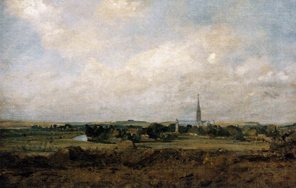 A painting of a landscape featuring hills, trees, meadows, a section of a river, and Salisbury Cathedral and other buildings in the distance.