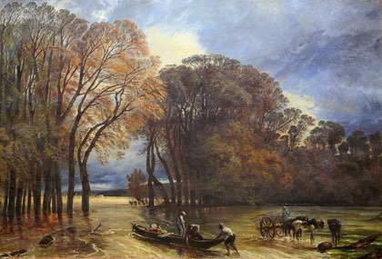Painting with a line of autumnal trees enclosing a flooded field. In the centre foreground three men gather floating objects into a boat, while on the right a horse and cart with a driver stands in the water.