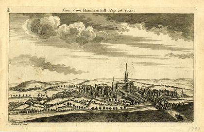 A black and white print of a landscape featuring hills, trees, meadows, a cloudy sky, and Salisbury Cathedral and rows of houses in the distance.