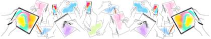 Colourful line drawing of many hands drawing in sketchpads