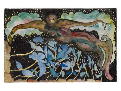 watercolour painting of a dark skinned figure smiling, floating in the sky with leaves