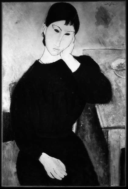 Black-and-white image of Elvira Resting at a Table. Infrared reflectography allows us to see beneath the layers of paint that are usually visible to the human eye.
