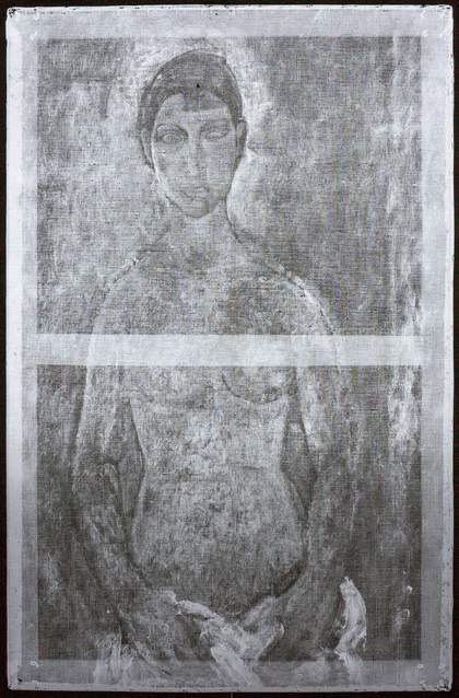 X-radiograph images shows layers of brushstrokes, blocked-in shapes and contour lines.