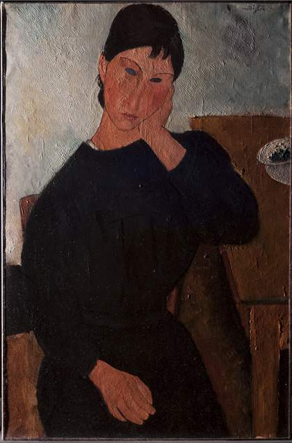 Photograph in raking light, revealing the height of the impasto and the directional brushwork that matches the figure’s gaze towards the lower right.