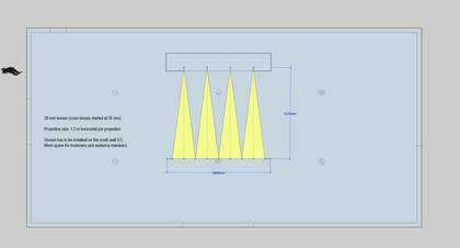 Diagram of a rectangular space with four projected light beams crossing a distance of 5135mm and across an area of wall 5800mm across.