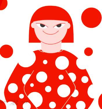 Animated version of artist Yayoi Kusama wearing a red top with white dots
