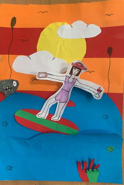 Paper collage and drawing of a Woman surfing a wave