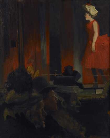 A singer in a red dress is on stage performing; a sombre audience in formal evening wear are seen below