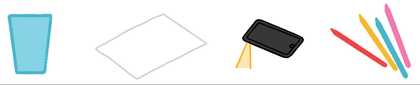 Materials for activity, pencils, paper, torch, glass of water
