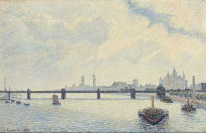 impressionist painting of Charring Cross bridge with boats on the river