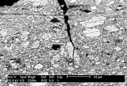 SEM-BSE of paint: (b) lead white paint from white highlight in Rembrandt van Rijn, Susanna 1636 Mauritshuis inv. no. 147