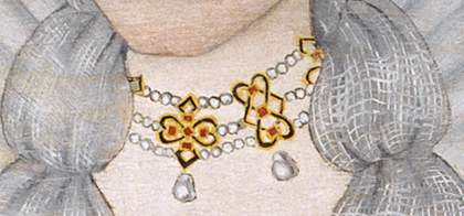 Seventeenth century British School The Cholmondeley Ladies c1600 1610 detail of a womans throat with pearl necklace