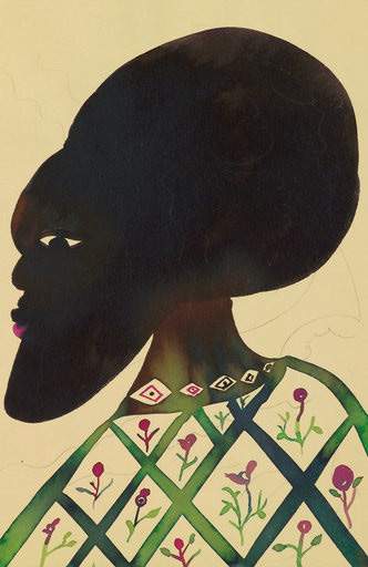 Chris Ofili Untitled from Afro Muses Couples series 1995 2005 ink drawing of a black man in profile with a pointed beard wearing green latice patterned clothing 