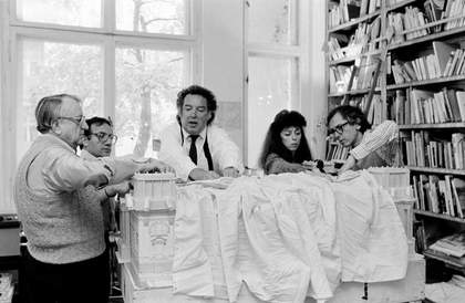 Lost Art: Christo and Jeanne-Claude work on a model of the Reichstag with assistants 1984
