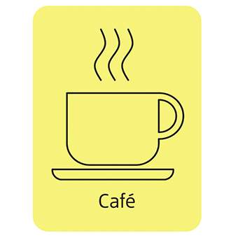 an icon of coffee in a black outline on a yellow background