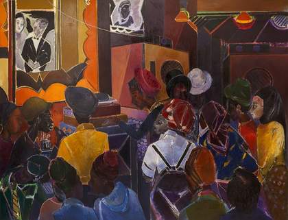 Colourful paitning depicting a busy night from the London dub scene