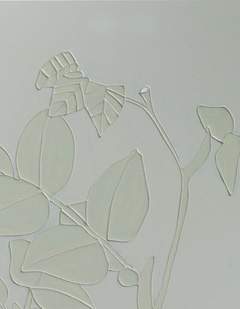 A cropped detail of the larger painting. The stalks and leaves of plants are painted in relief in creamy-white on a paler background, with thick ridges describing their outlines.