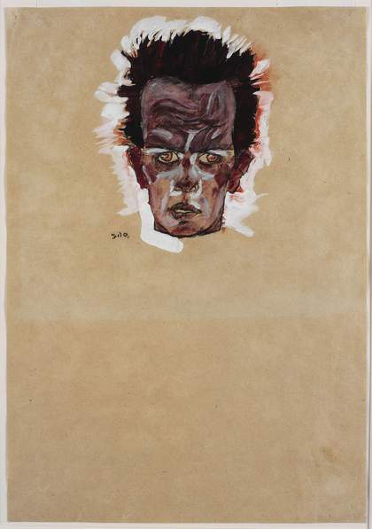 Egon Schiele, Self-portrait, head, 1909, gouache, watercolour and charcoal on paper, 44 x 31 cm - Ömer Koç Collection. Image courtesy Hadiye Cangökçe