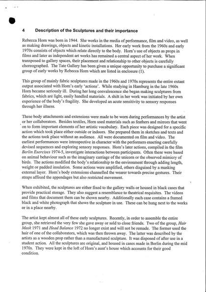 Explanation of the importance of collecting Rebecca Horn’s body-sculpture works, submitted to the Heritage Lottery Fund as part of an application to acquire the body of work (1 of 2)