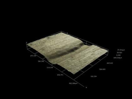 High-resolution 3D micrograph showing a single vertical scored line in the face