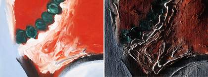 Detail of dark green beads in visible light and under raking light from left