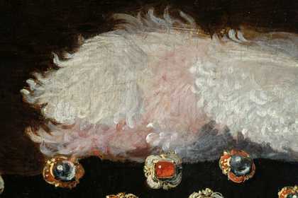 Fig.24 Detail of the plumes on the hat. It shows that the black hat was painted first on top of the mushroom brown underpaint of the background, leaving a reserve for the plumes. 