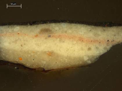 Fig.4 Cross-section through the right side of the sitter’s hair, showing the pink flesh paint of the underlying head.