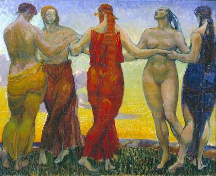 Two clothed figures, two half-clothed figures and one naked figure stand in a circle holding hands, with grass beneath their feet and a sunny sky behind them