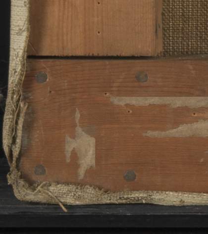 Detail of lower left corner of strainer showing nails