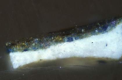 Fig.5 Cross-section through foliage, showing wet-in-wet application of the green tones. From the bottom: white priming; shades of green brushed into each other while wet