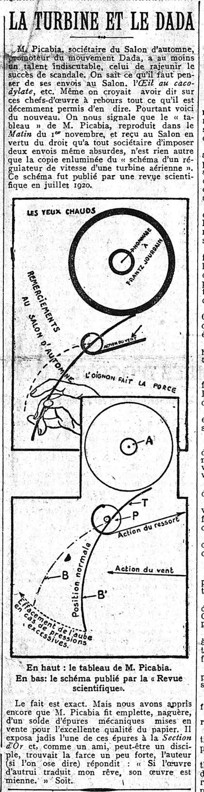 Article on front page of Le Matin, 9 November 1921, comparing Hot Eyes to a diagram of an air brake turbine