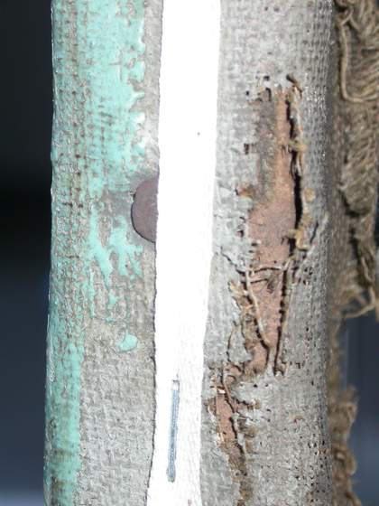 Detail of top edge showing tack, torn canvas and cotton tape reinforcement