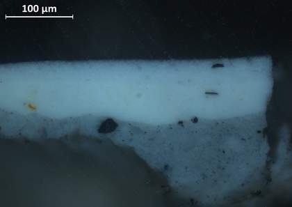 Cross-section of paint taken from loss, viewed under visible light, showing grey ground and white layers on top