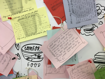 A close-up of a pinboard featuring coloured pieces of paper with handwriting on them, and images of food and crockery.