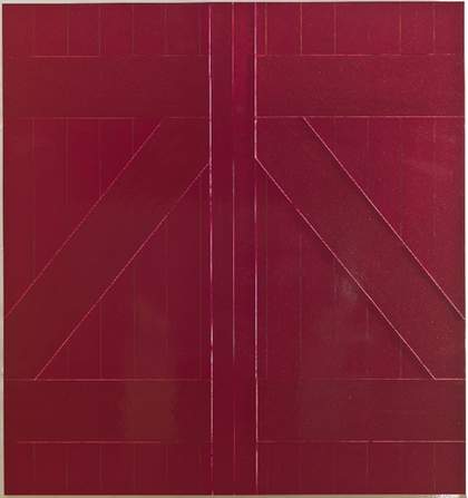 A photograph of Red Barn Door showing the deep ridges that outline the rectangles and differences in texture in the composition.